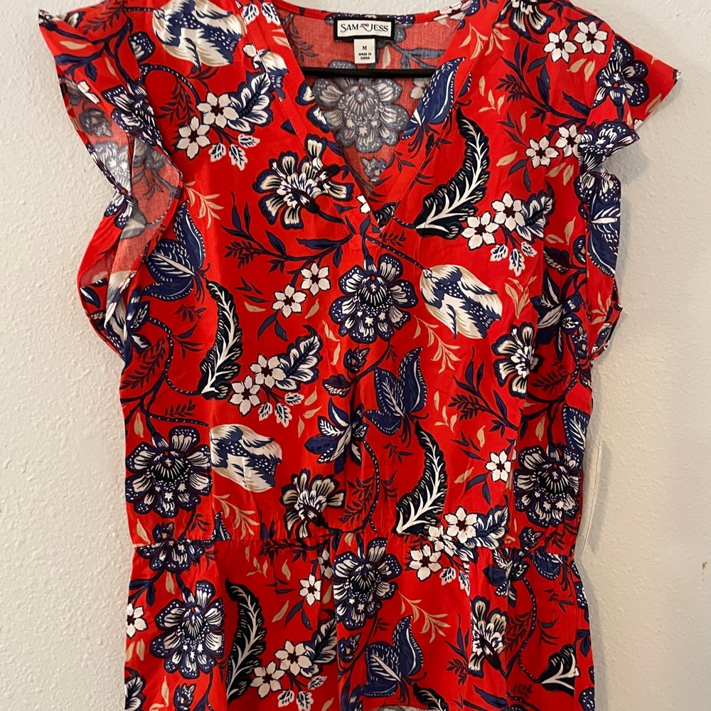 Sam & Jess Red Floral V-Neck Flutter Sleeve Blouse